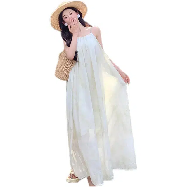 黛尔佳人 海边风碎花高级感通勤时尚吊带连衣裙 女款