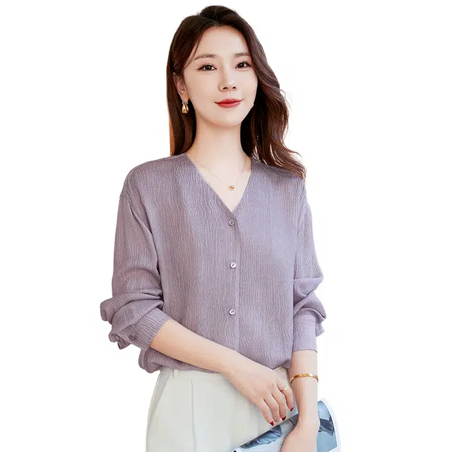 水墨佳人 桑蚕丝长袖泡泡绉衬衫 女款
