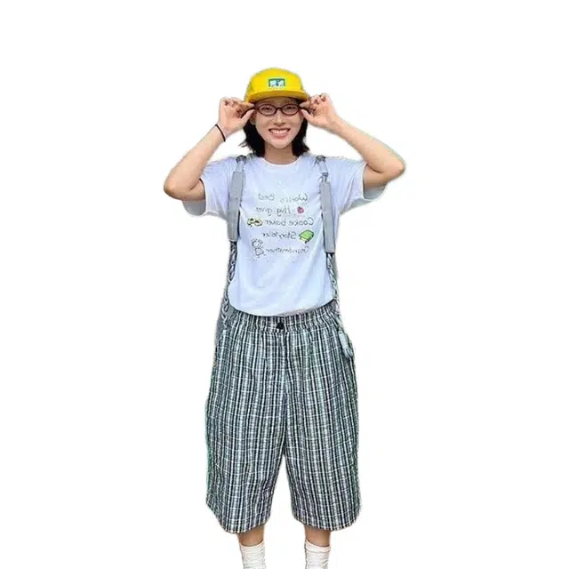 一碗士多 美式复古格子条纹百搭宽松慵懒直筒七分裤休闲短裤 男女同款