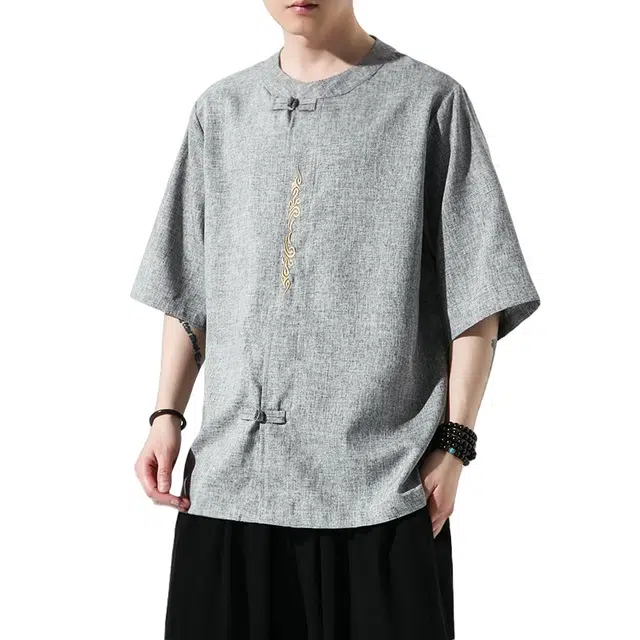 加荣 唐装中国风夏季薄款透气仿麻汉服短袖衬衫复古宽松盘扣立领潮流百搭大码青少年户外出行五分袖衬衣上衣 男女同款