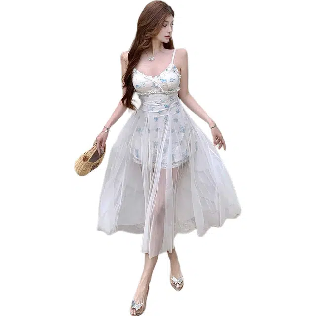 黛尔佳人 网纱度假蕾丝长裙吊带连衣裙 女款