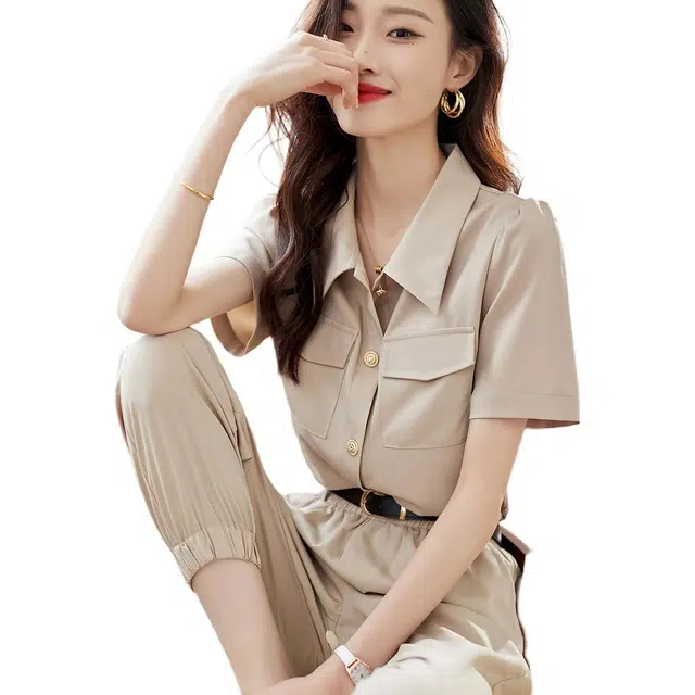 沫晗依美 通勤显瘦简约纯色泡泡袖短袖翻领常规中腰长裤休闲套装 女款