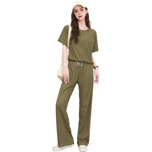 法文箱子 夏季设计感小众纯色常规短袖圆领宽松高腰长裤休闲套装 女款