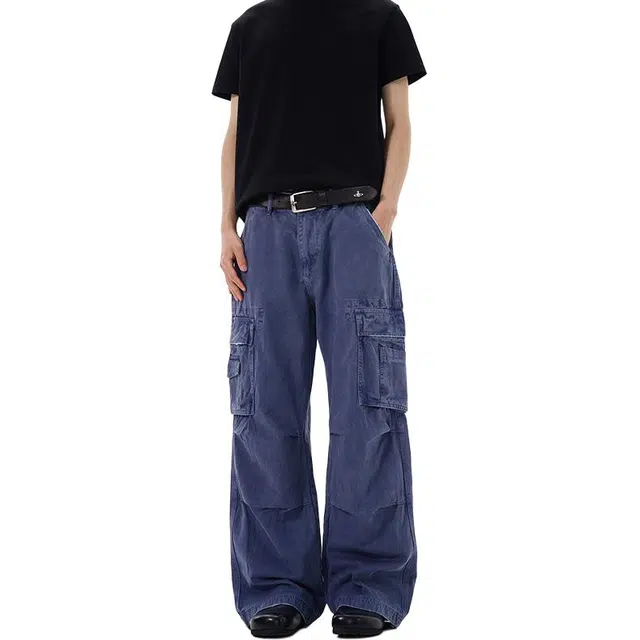 极限涡轮 美式重工复古多口袋工装宽松阔腿伐木伞兵微牛仔裤 男女同款