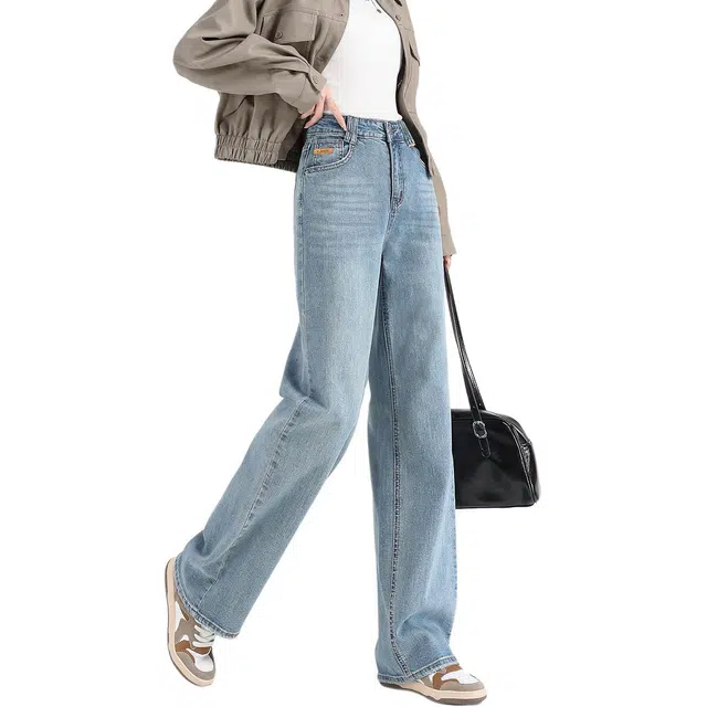 法文箱子 复古宽松直筒纯色高腰长裤牛仔裤 女款