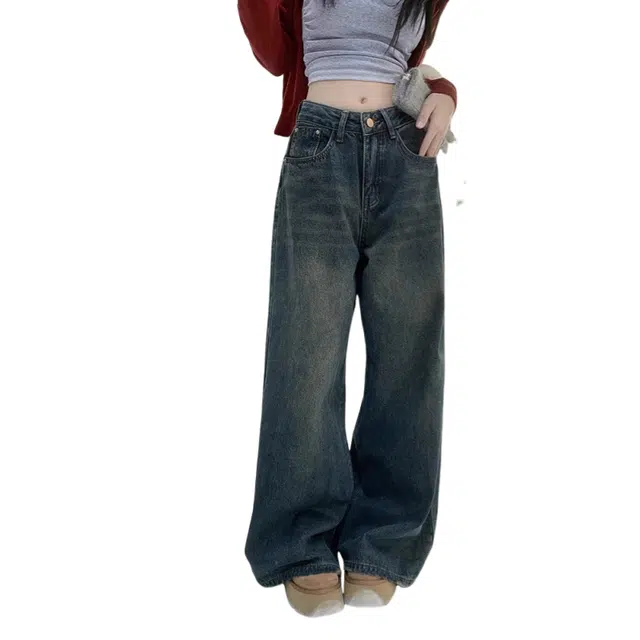 北极绒 复古水洗宽松高腰直筒牛仔裤 女款