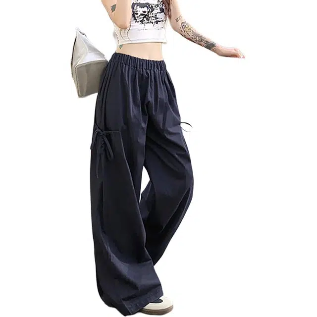 如续 多巴胺个性设计感蝴蝶结绑带口袋松紧腰宽松舒适休闲工装裤 女款