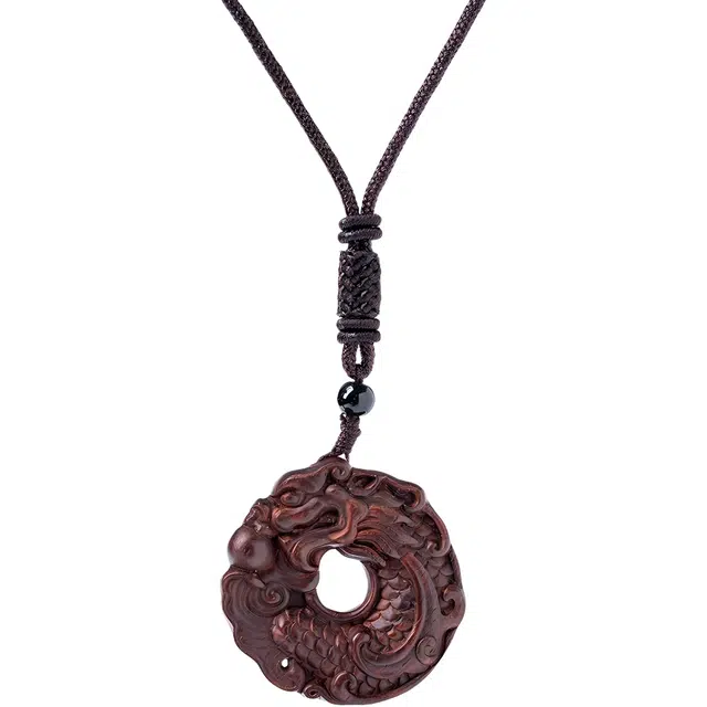 三檀小舍 龙戏珠平安扣转运珠新中式国潮风复古文艺转运 平安喜乐多财多福单圈简约文玩盘玩佛珠念珠#好运 紫檀属 木作项链 男女同款情侣款