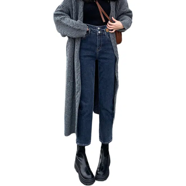 惟熙 加厚保暖窄版加绒双扣牛仔裤 女款 蓝灰色