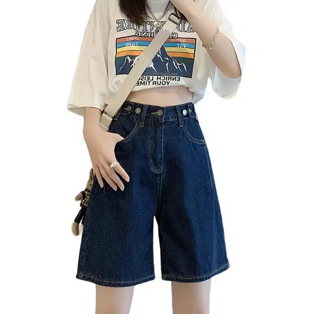 玫丝朵 甜酷风高腰五分宽松小个子直筒牛仔短裤 女款