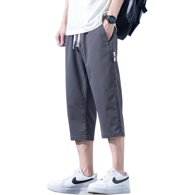 瑞梵帝斯 美式潮牌薄款速干凉感抽绳健身跑步宽松柔软户外运动吸汗透气弹力松紧中腰直筒七分裤休闲短裤 男款