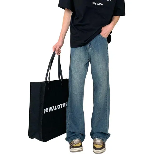 宝米卡 美式高街微喇修身潮牌裤子复古直筒裤牛仔裤 男女同款