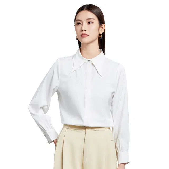 富铤 森系文艺风简约纯色通勤翻领长袖衬衫 女款
