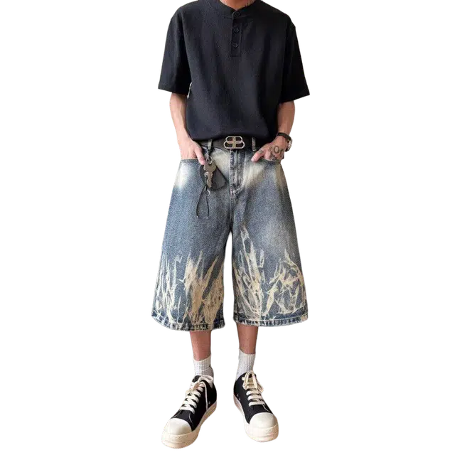 拓菲 美式复古扎染闪电纹牛仔七分裤设计感小众宽松百搭阔腿短裤 男女同款