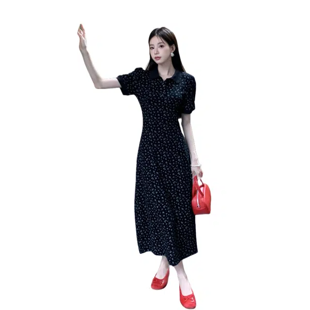 果瑱 法式复古优雅气质性感精致高端名媛时尚翻领小个子设计感休闲舒适百搭显瘦收腰减龄短袖连衣裙 女款