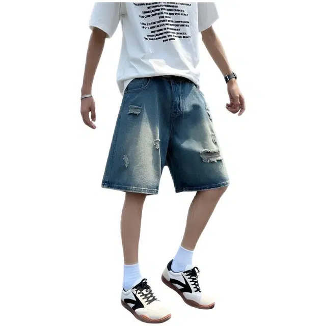 木木兔 男士夏季短裤美式潮流百搭男生裤子简约宽松设计感拼接直筒水洗五分裤夏天牛仔裤 男款