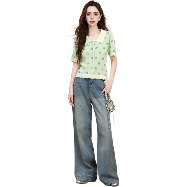 法文箱子 夏季薄款温柔风植物/花卉常规短袖翻领修身针织衫 女款