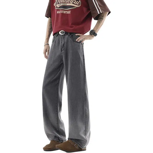 黑马漫画 阔腿薄款高腰直筒渐变高级感夏季牛仔裤 男女同款