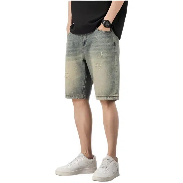 木木兔 休闲美式潮流百搭裤子简约工装宽松直筒五分裤牛仔短裤 男款