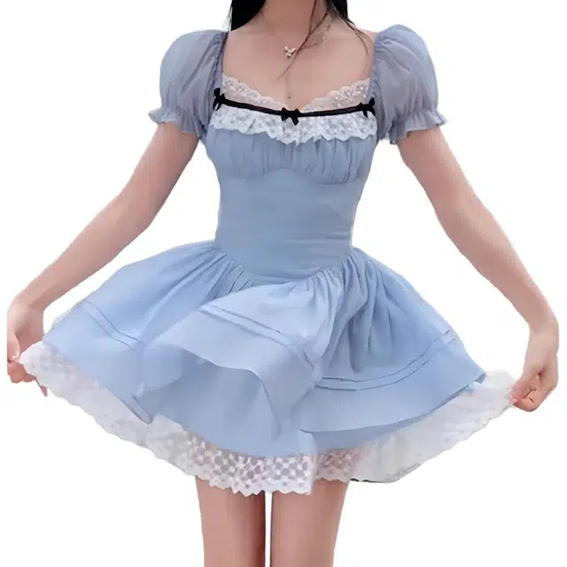 柏黛妃 收腰温柔泡泡袖短裙纯欲初恋甜妹蕾丝拼接撞色短袖连衣裙 女款