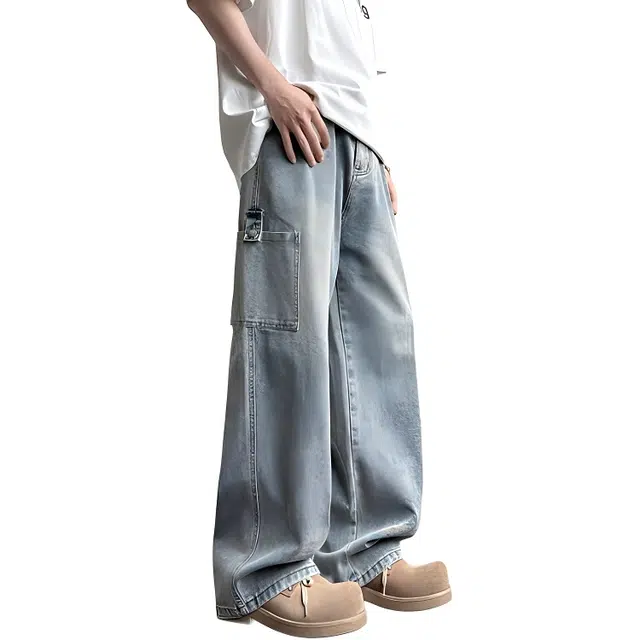 童先森 潮牌宽松阔腿舒适百搭牛仔裤 男女同款