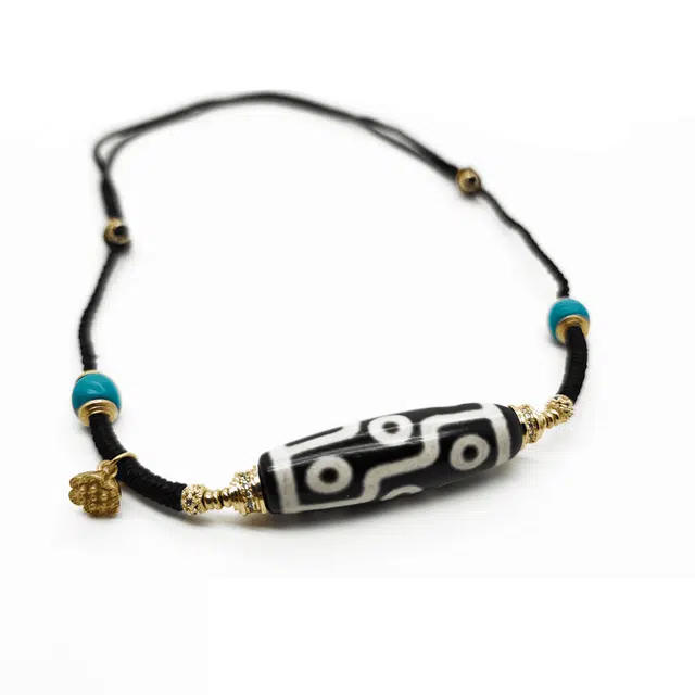 玉临门 国风民族风设计手作黑白九眼天珠荷花小配饰 玛瑙 项链 男女同款情侣款 礼盒装