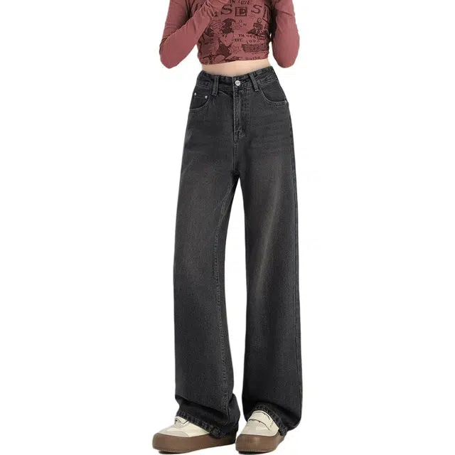 惟熙 显瘦宽松通勤百搭牛仔裤 女款 黑灰色