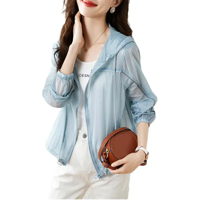 沫晗依美 拉链连帽纯色夹克外套 女款 蓝色