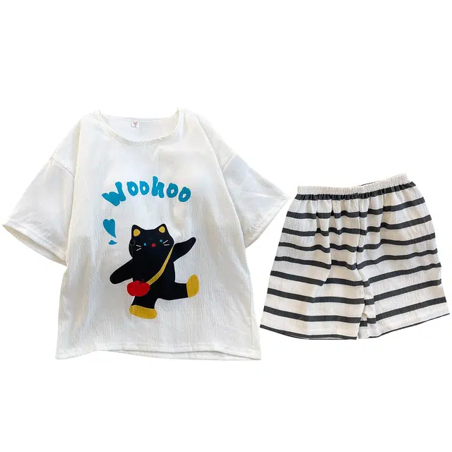 俏韵 圆领卡通夏季云朵棉短袖短裤甜美薄款家居服可外穿睡衣套装 女款