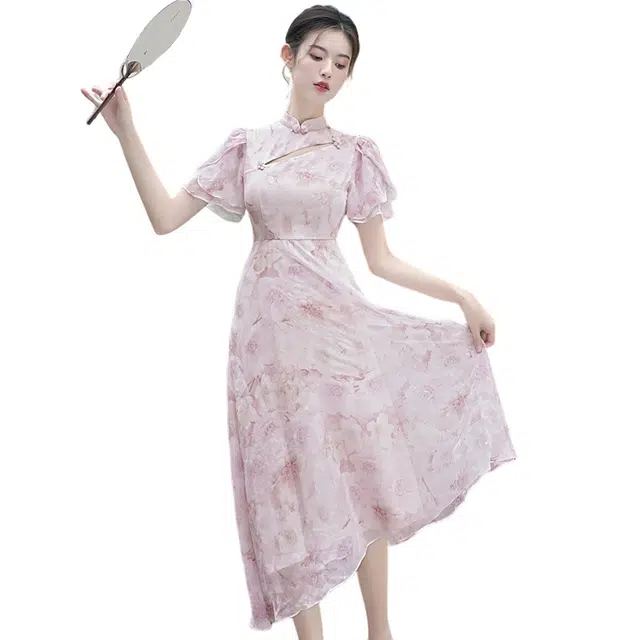 丝絮丝绸 新中式改良旗袍碎花国风镂空简约短袖连衣裙 女款
