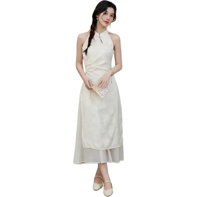 黛尔佳人 海边新疆度假穿搭新中式国风气质提花旗袍女春挂脖两件套无袖连衣裙 女款