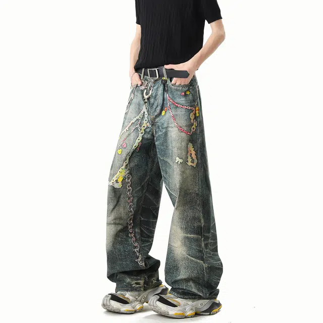 颂希尔 美式潮牌数码印花糖果链条牛仔裤子时尚帅气复古设计感休闲裤 男女同款