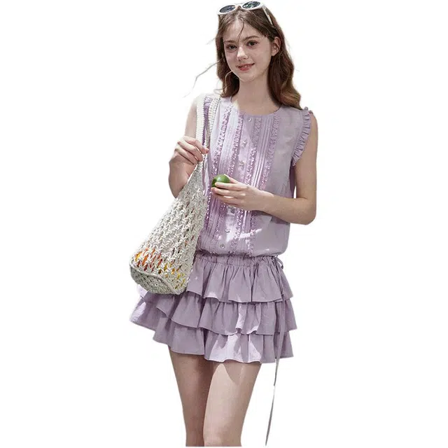 沐晓欣 温柔风花边背心裙甜美收腰无袖连衣裙 女款