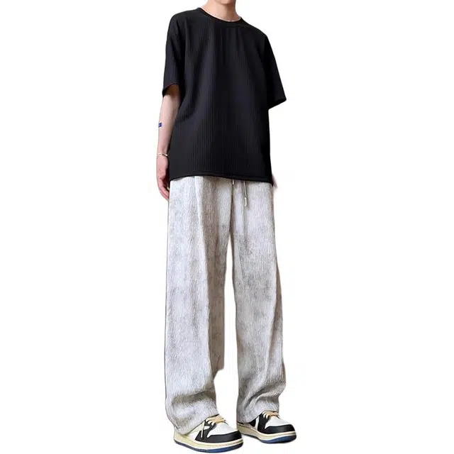 单爵 扎染树皮纹白色冰丝裤男夏季薄款直筒显瘦裤子垂坠感高级感阔腿休闲裤 男女同款