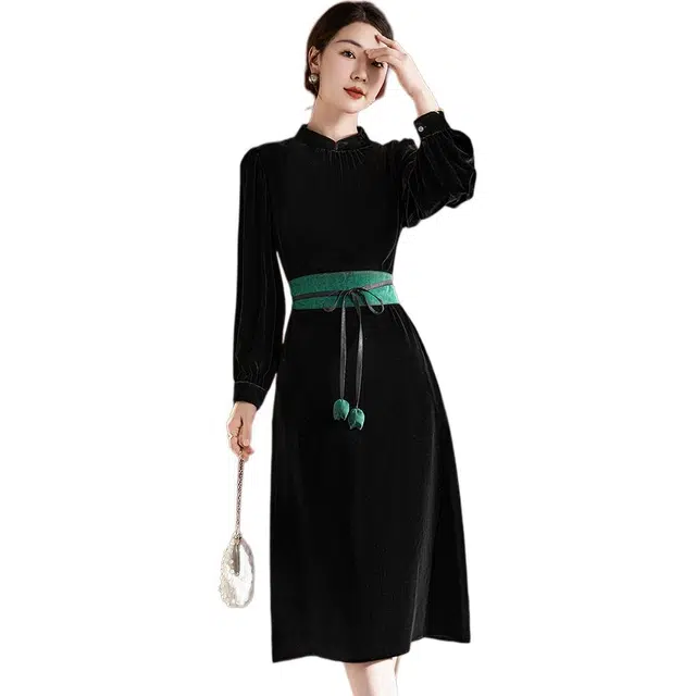 水墨佳人 纯色宽松立领长袖连衣裙 女款 黑色