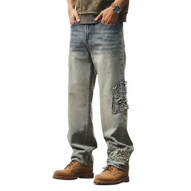 杰雷诺 美式复古潮牌油漆泼点休闲宽松直筒高街牛仔裤 男款