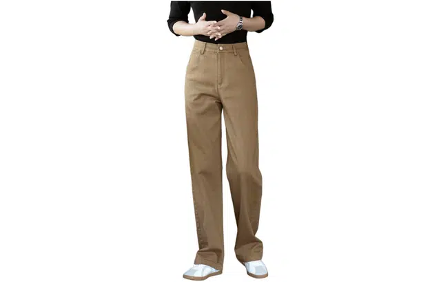 善己 通勤高腰拉链直筒休闲裤 女款 驼褐色