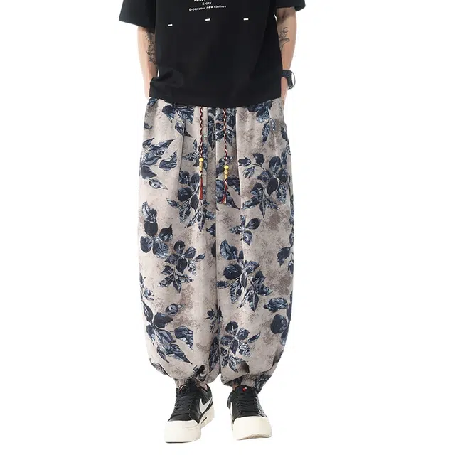加荣 复古印花轻薄透气潮流大码青少年显瘦洋气百搭中国风民族风印花灯笼裤宽松冰丝垂感阔腿裤夏季休闲裤 男女同款