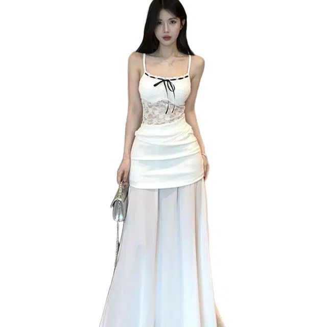 费尔岛上的猫 纯欲蝴蝶结绑带蕾丝吊带半身长裙两件套气质少女风裙装套装 女款