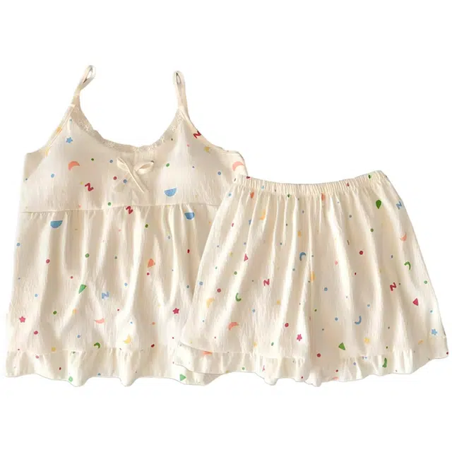 俏韵 圆领夏季吊带舒适甜美可爱短裤薄款家居服可外穿睡衣套装 女款