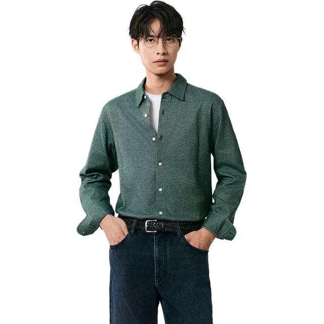 棉先生 纯色长袖方领标准衬衫 男款