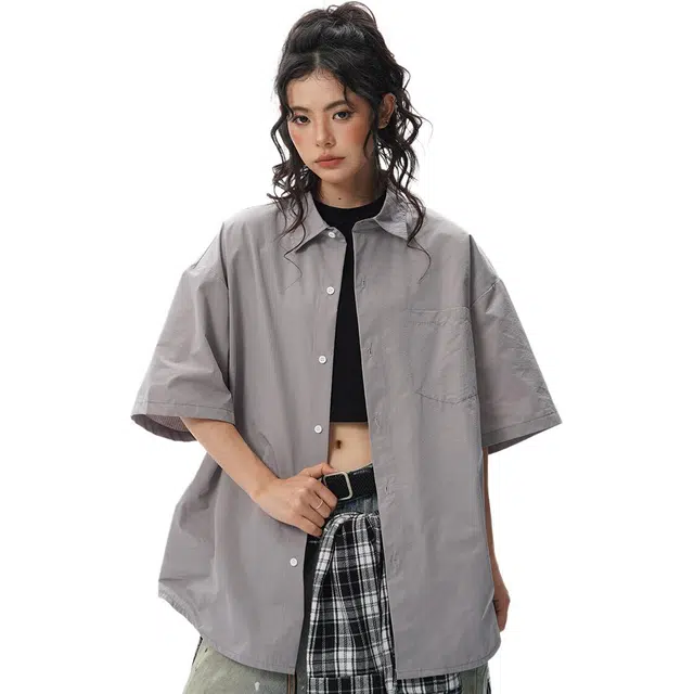 颂希尔 日系纯色工装百搭宽松潮牌短袖衬衫 男女同款