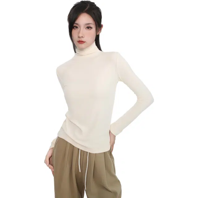 御茶家 纯色基础款堆堆领高弹立修身可外穿打底针织衫 女款 美拉德