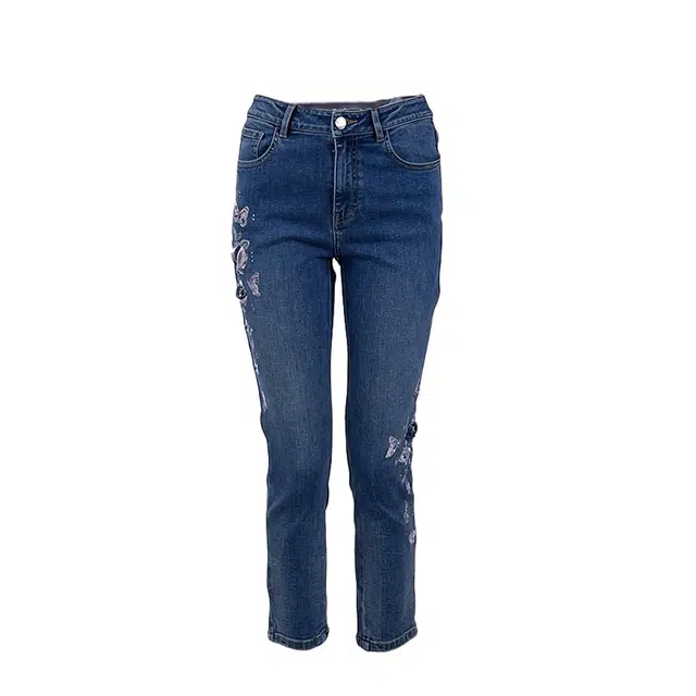 粉红玛琍 时尚通勤风修身铅笔裤自然腰九分裤牛仔裤 女款