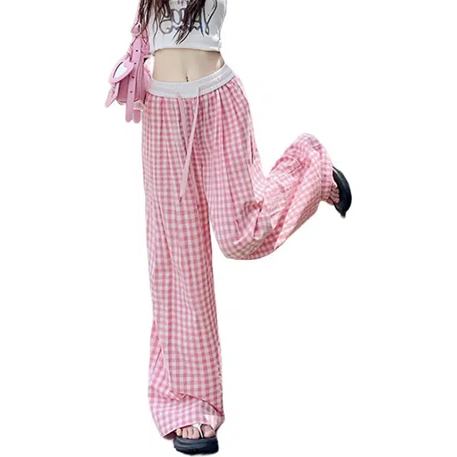 如续 甜格少女撞色格子休闲舒适遛弯裤松紧腰直筒阔腿休闲裤 女款