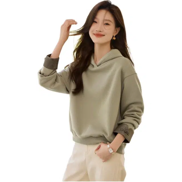 沫晗依美 连帽国风简约卫衣 女款 绿色