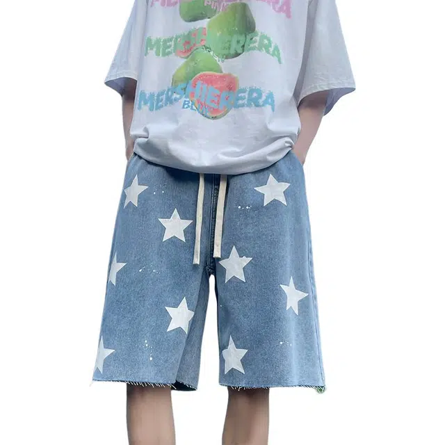 永言 美式星星印花男款夏季潮牌薄款透气宽松垂感阔腿五分裤子牛仔短裤 男女同款