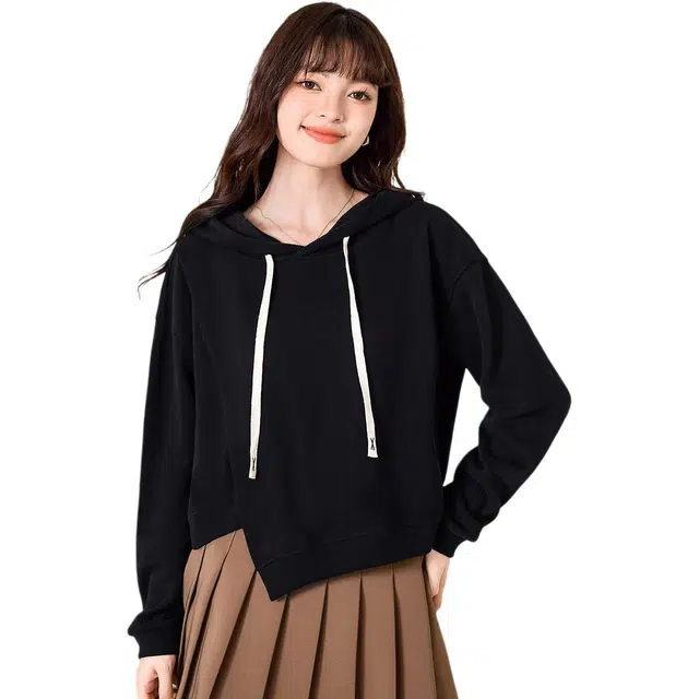 法文箱子 宽松抽绳设计不规则纯色落肩袖长袖连帽运动风卫衣 女款