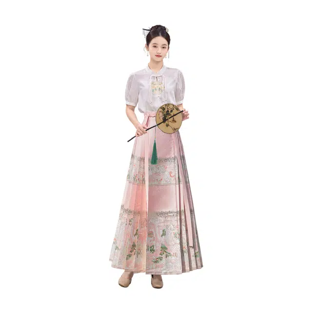 荟萃阁 新中式气质提花刺绣短袖上衣搭配一片式织金马面裙两件套裙装套装 女款