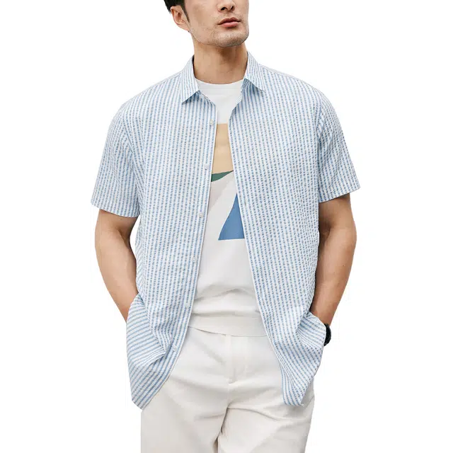 丹宁哲学 夏季舒适轻盈 高档棉感泡泡纱色织条纹衬衫 男款